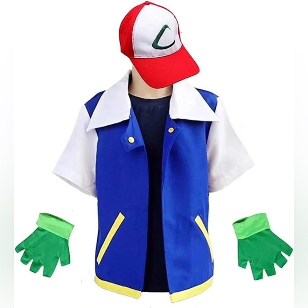 Pokemon Blue and White Bomber Jacket with Green Gloves